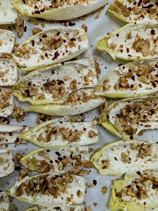 Endive Spears with Whipped Feta, Toasted Walnuts, and Crushed Red Pepper